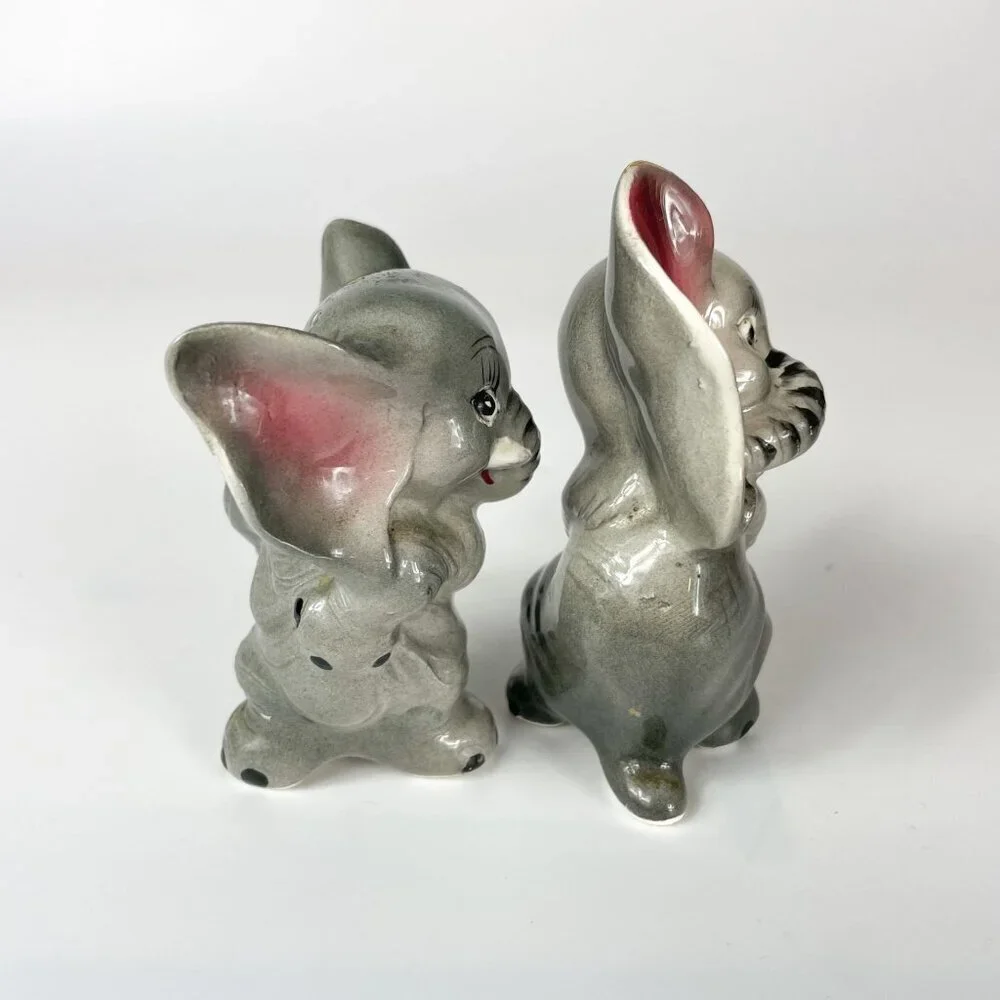 Vintage Elephant Gray Anthropomorphic Ceramic Salt  Pepper Shakers